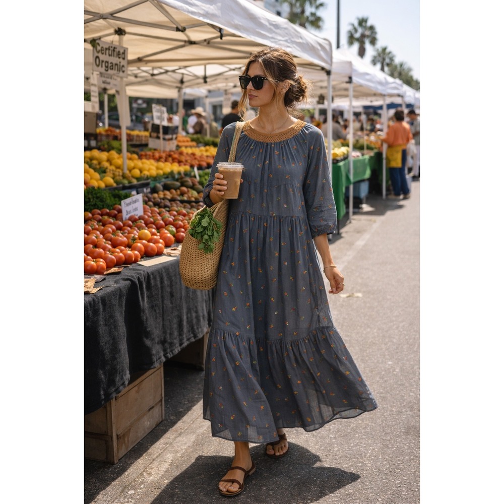 DOEN Embroidered Maxi Dress Womens Blue Smocked Cotton Gauze Floral XL